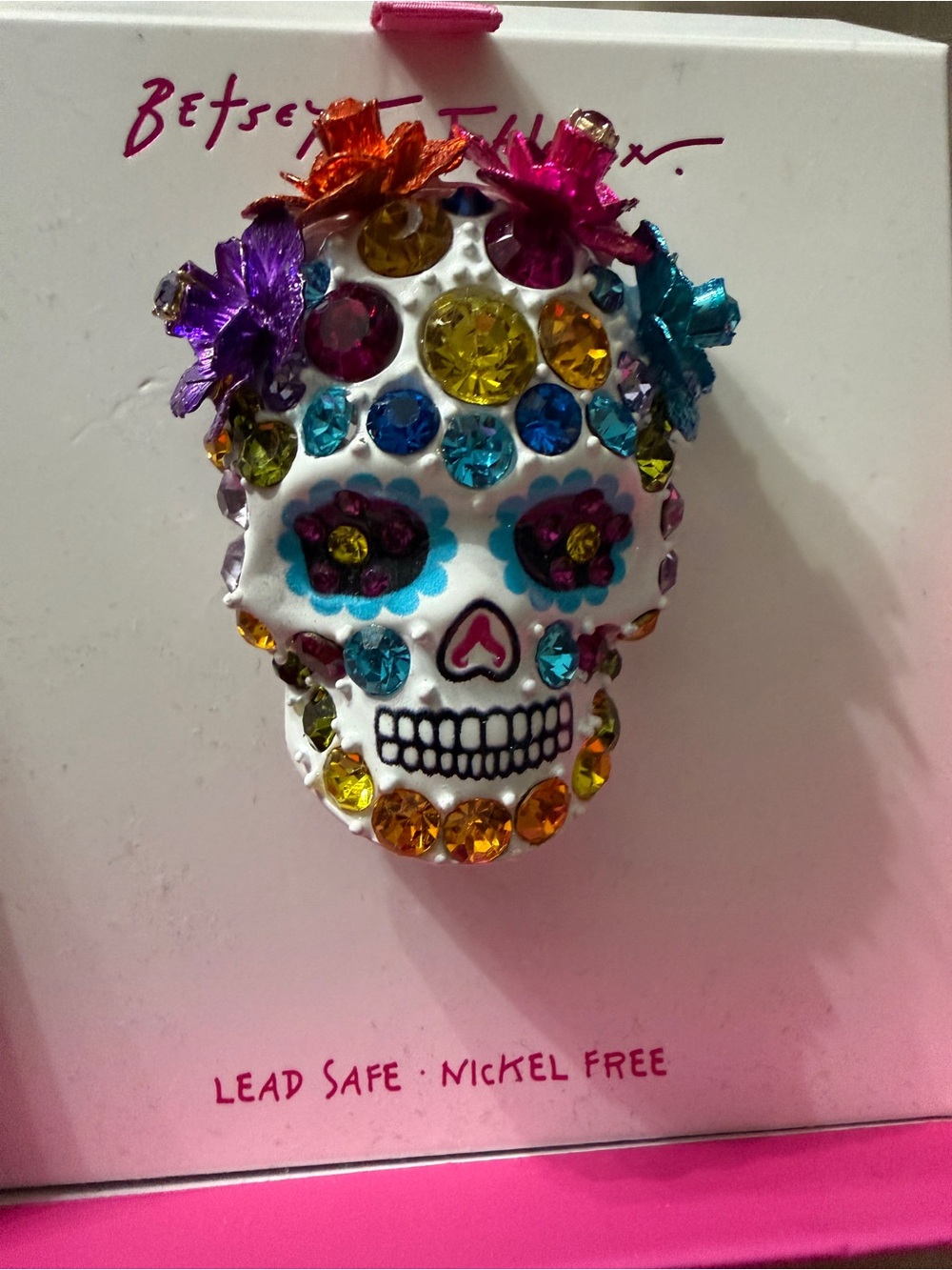 Betsey Johnson White Skull Pin with Multicolor Gems and Floral Accents